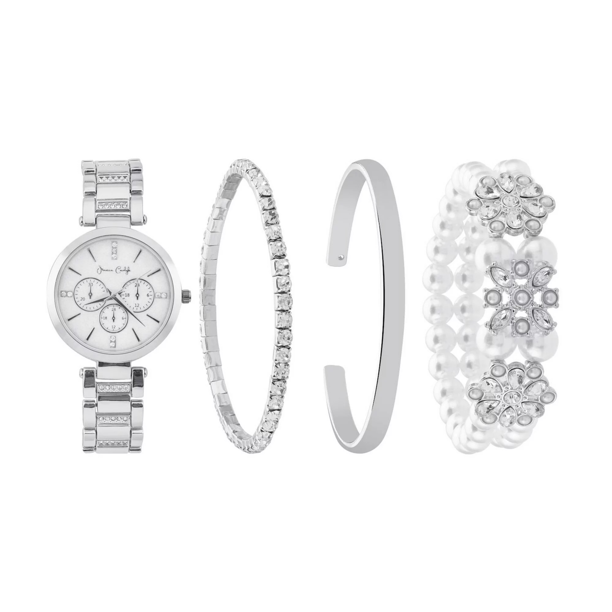 Jessica Carlyle Silver-Tone Watch & Bracelet Set with Crystal Accents & Simulated Pearl Details | Kohl's