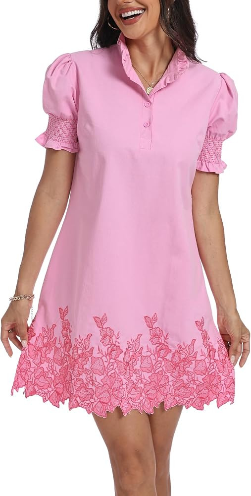 Women's Summer Embroidered Mini Dress Floral Short Puff Sleeve Loose A Line Ruffle Collar Shift D... | Amazon (US)