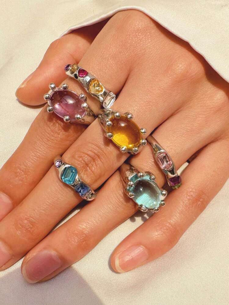 6pcs/Set Fashion Creative Simulated Gemstone Diamond Rings Set, Minimalist & Versatile, High-End Jewelry Gift For Women | SHEIN