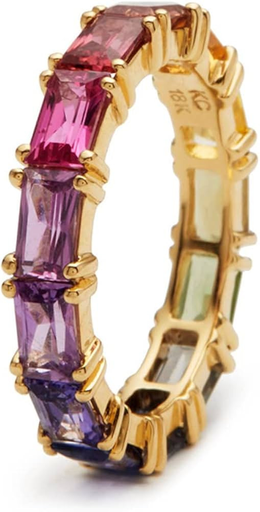QUSIIOSLK 14K Gold Plated Rainbow Baguette Cubic Zirconia Ring Multicolor Square Crystal Eternity... | Amazon (US)