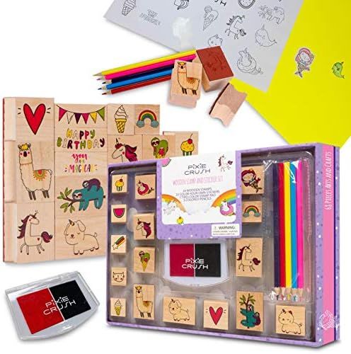 PixieCrush Wooden Stamp and Sticker Activities with Unicorns, Llamas, Kitty Cats, Puppies, Narwhal,  | Amazon (US)