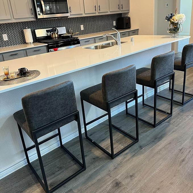 Amazon.com: PHI VILLA Grey Bar Stools Set of 4 - Counter Height 24'' Bar Stool Pu Leather Kitchen... | Amazon (US)