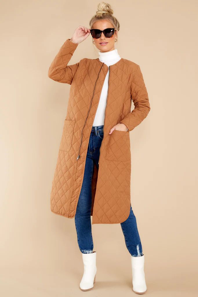 Keep It To Yourself Dark Camel Quilted Coat | Red Dress 