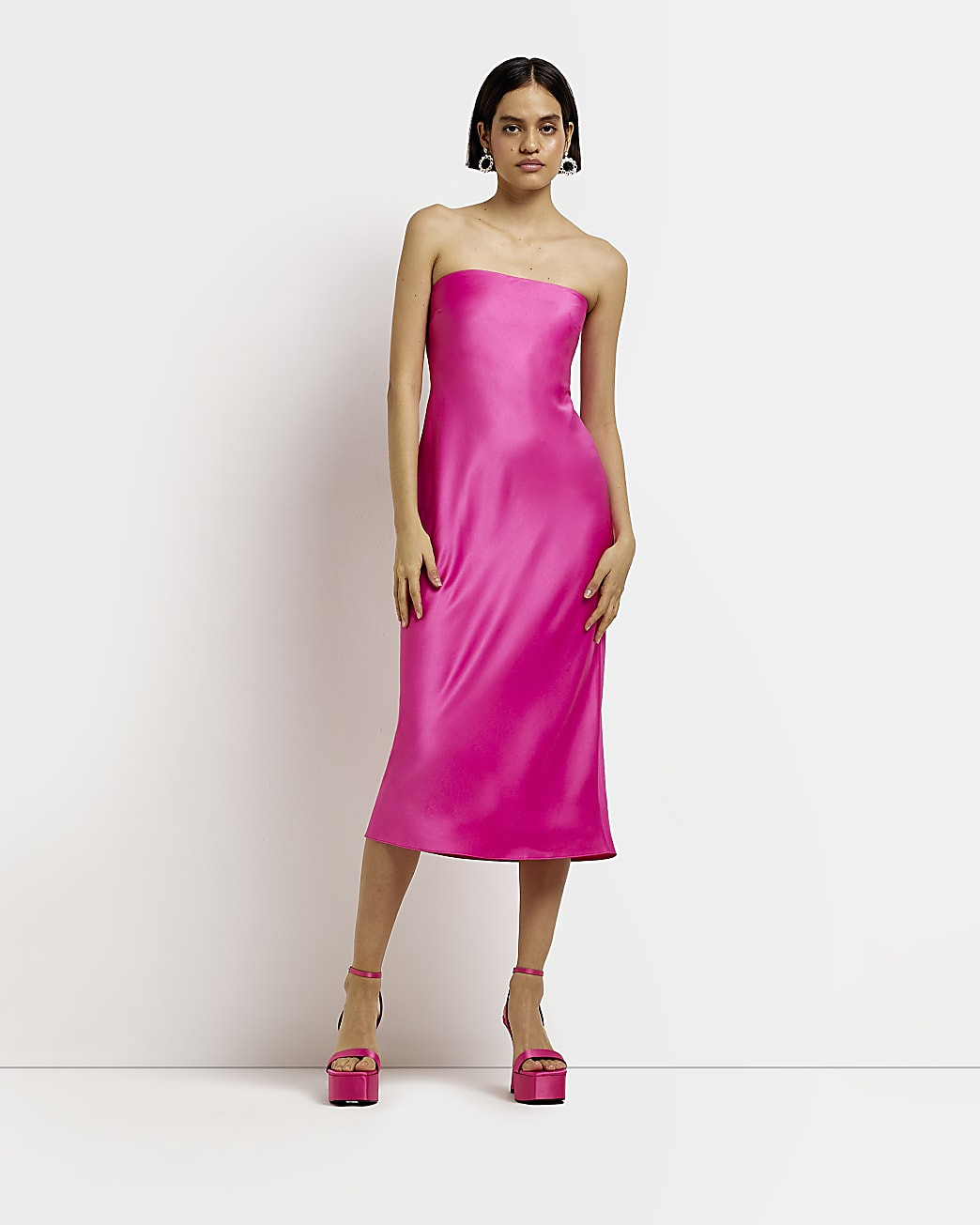 Pink satin bandeau midi dress | River Island (UK & IE)