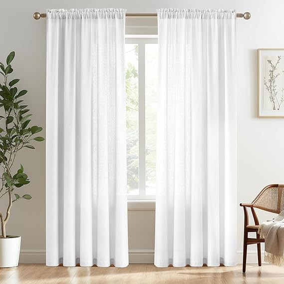 Melodieux White Semi Sheer Curtains 84 Inches Long for Living Room, Bedroom Linen Look Farmhouse ... | Amazon (US)