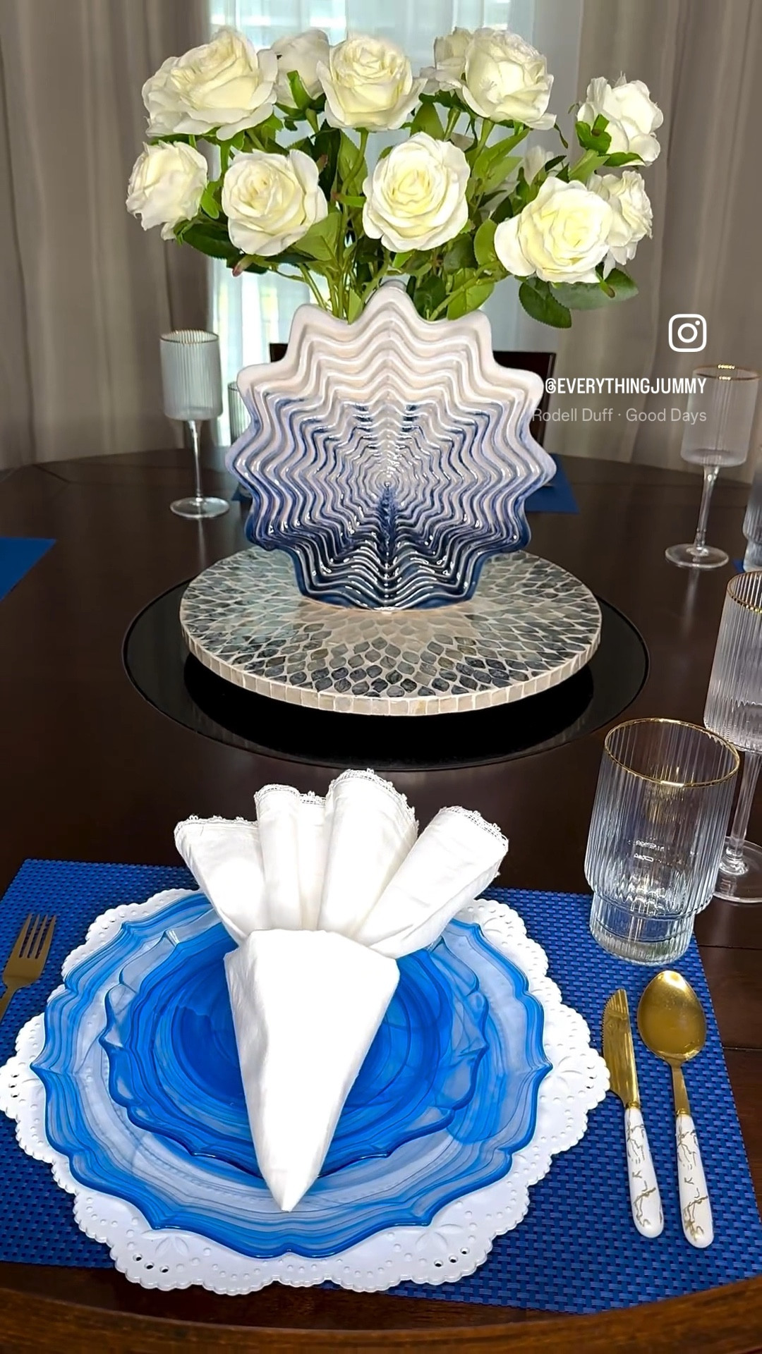 Blue and White Table Decor 💙🤍✨. 

Blue placemats are from athome stores, white chargers from hobby lobby, Blue dinnerware, water glasses and vase from home goods, wine glasses and base under the vase are from ross. 

#LTKHome #LTKVideo #LTKParties