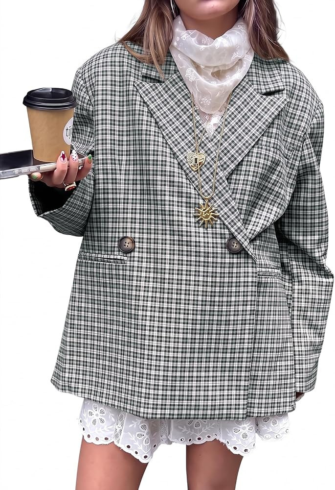 Tankaneo Womens Plaid Blazers Oversized Business Casual Suits Jackets | Amazon (US)