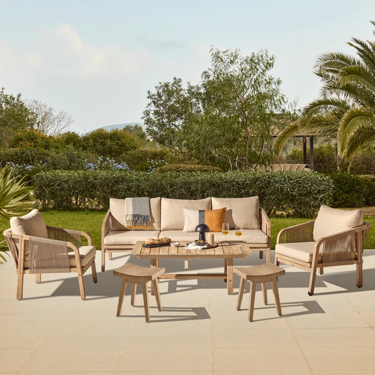 Shiro Wooden Garden Set with 3 Seater Sofa - 2 Shiro Armchairs - 2 Stools & Coffee Table | Wayfair UK