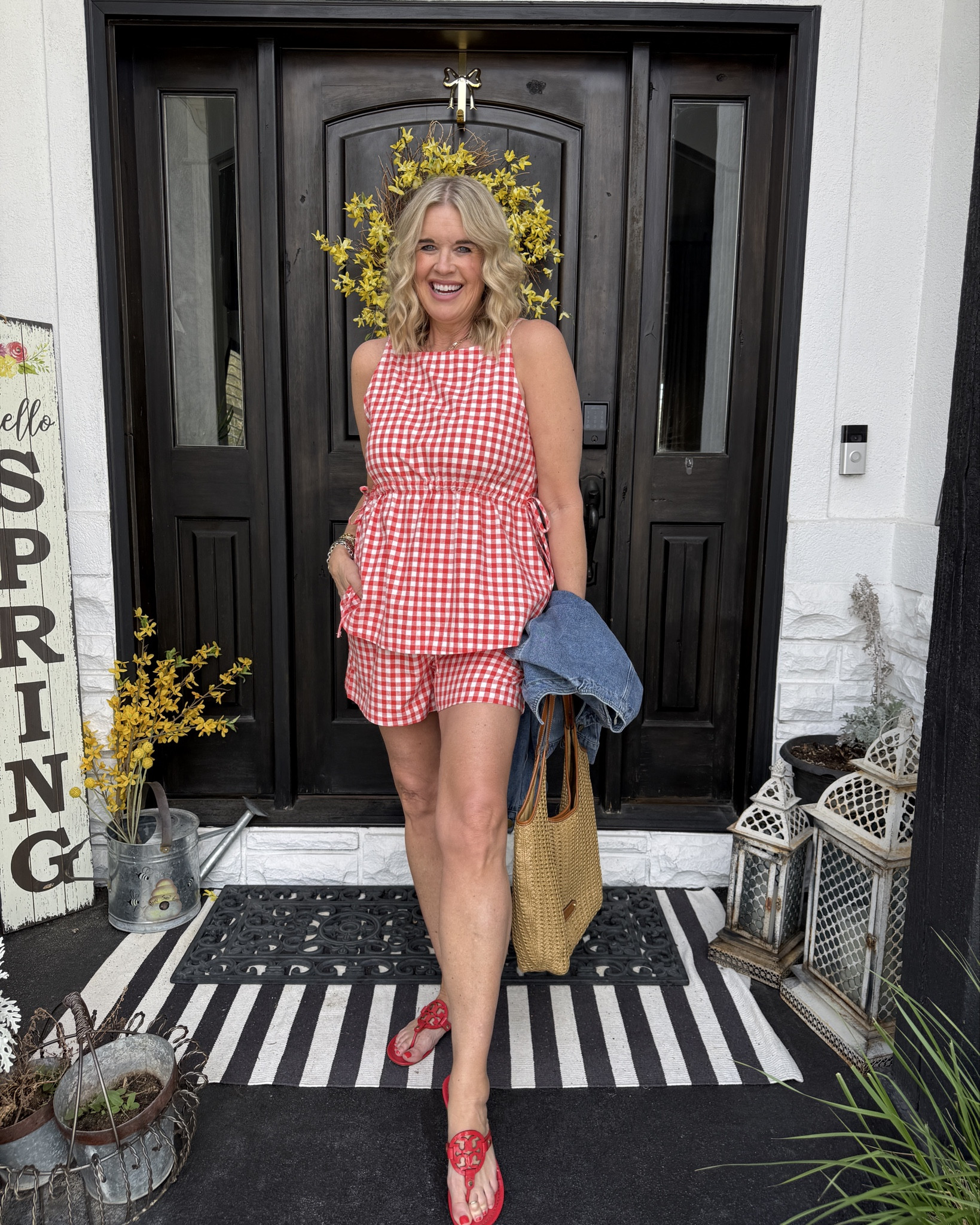 short sets you’d never guess were from Amazon 

Gingham since waist tank top with a babydoll feel 
Match elastic waits shorts with tie from and pockets .

I was so pleasantly surprised by this cute set.
Affordable tts in a med 

Paired with a cute cropped Amazon find denim jacket light weight and perfect for Spring 

Red Miller sandals by Tory Burch 
Tts and one of my favorite sandals I own 4 pairs 

Eric jervic ratten and leather bag that comes with a clutch/make up bag 

Jewelry lisi lurch 

Short sets perfect for spring summer & travel

#LTKTravel #LTKgrwm #LTKOver40