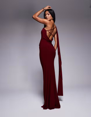 ASOS DESIGN one shoulder drape detail maxi dress with train in burgundy | ASOS (Global)