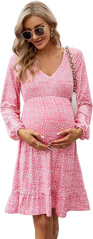 Coolmee Women's Maternity Short Sleeve Ruffle Dress V Neck Summer Casual Smocked Flowy Midi Dress... | Amazon (US)