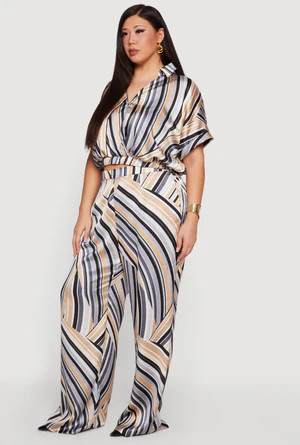Plus Size Striped Satin Cropped Faux Wrap Blouse | Rainbow Shops
