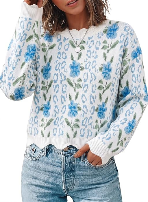 Dokotoo Womens Sweaters Long Sleeve Scalloped Trim Floral Fall Tops | Amazon (US)