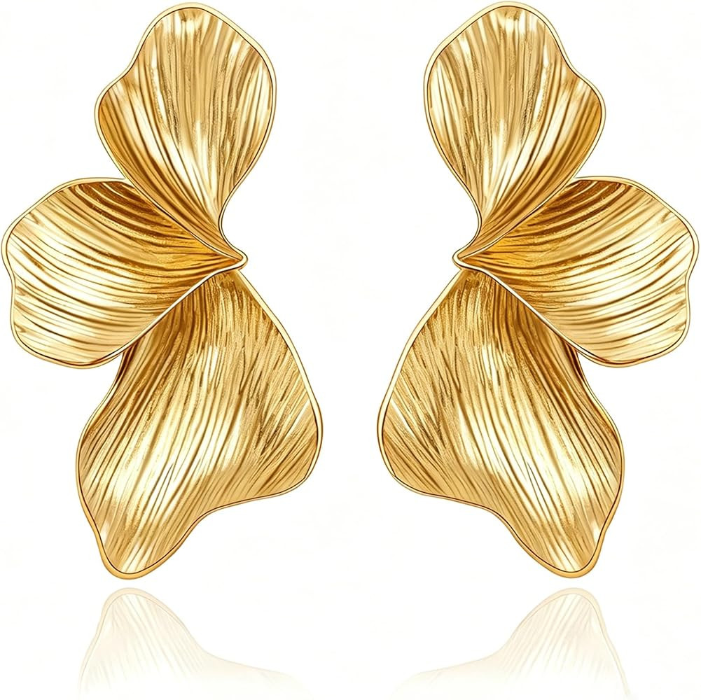 Amazon.com: Chunky Gold Statement Flower Earrings for Women Trendy Big Dangle Leaf Earrings Summe... | Amazon (US)