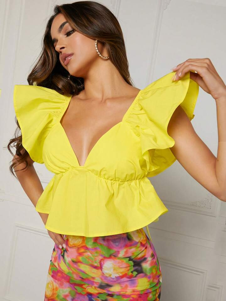 SOLGEE Ruffle Trim Ruched Bust Peplum Top | SHEIN