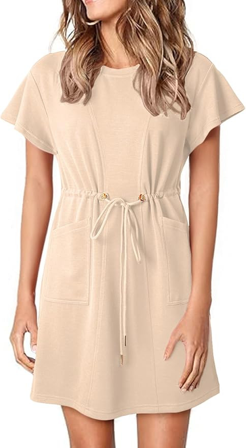 EVALESS Womens Summer Dresses Casual Round Neck Ruffle Short Sleeve Flowy A Line Mini Dress with ... | Amazon (US)