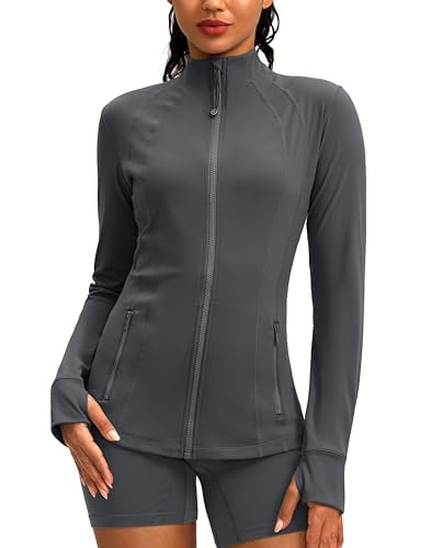 Women's Zip Up Workout Jackets with Pockets Slim Fit Cottony Soft Jacket for Running Athletic Yoga (Dark Grey,S) | Amazon (US)