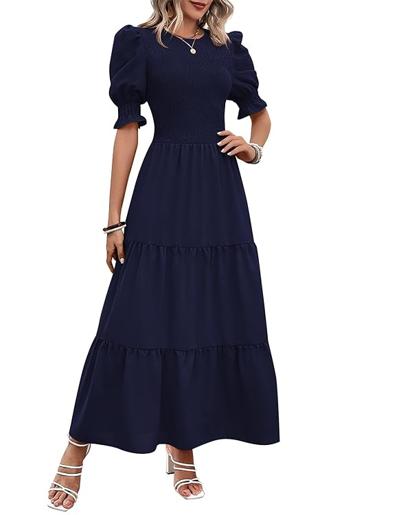 BTFBM Women Casual Summer Dresses 2025 Spring Crew Neck Ruffle Short Sleeve Floral Print Smocked ... | Amazon (US)