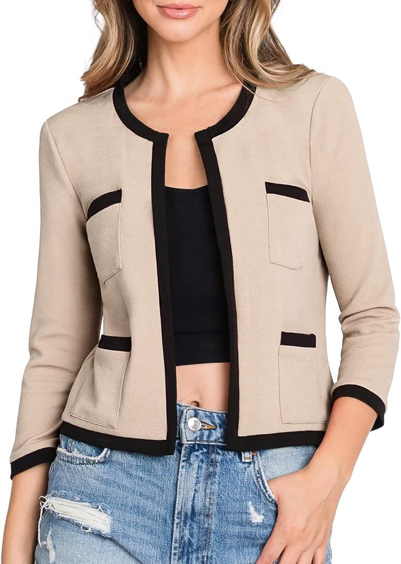 DOUBLJU Women's 3/4 Sleeve Blazer Open Front Round Neck Cropped Jacket Work Office | Amazon (US)