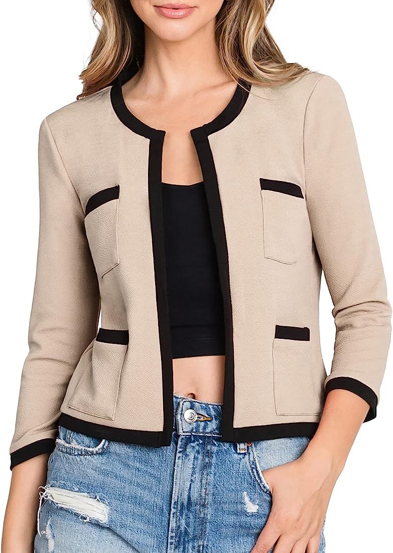 DOUBLJU Women's 3/4 Sleeve Blazer Open Front Round Neck Cropped Jacket Work Office | Amazon (US)