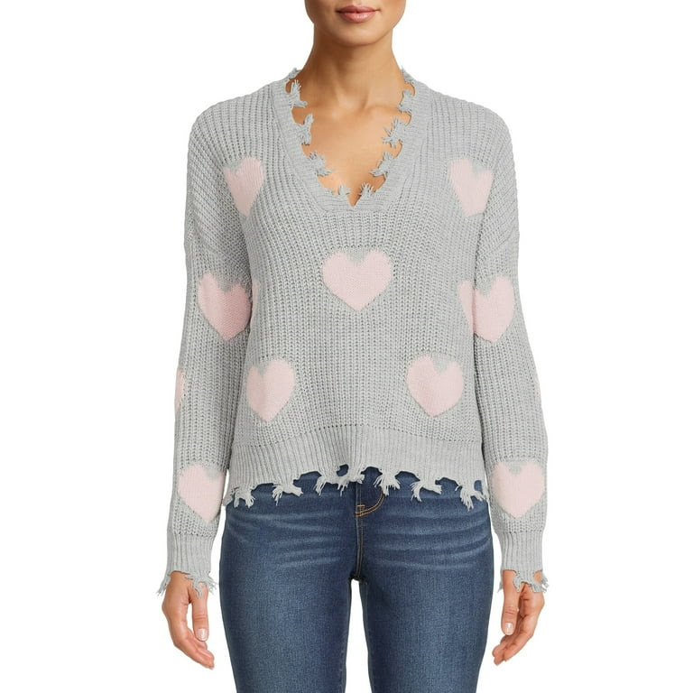 No Boundaries Juniors' Chewed Conversational Sweater | Walmart (US)