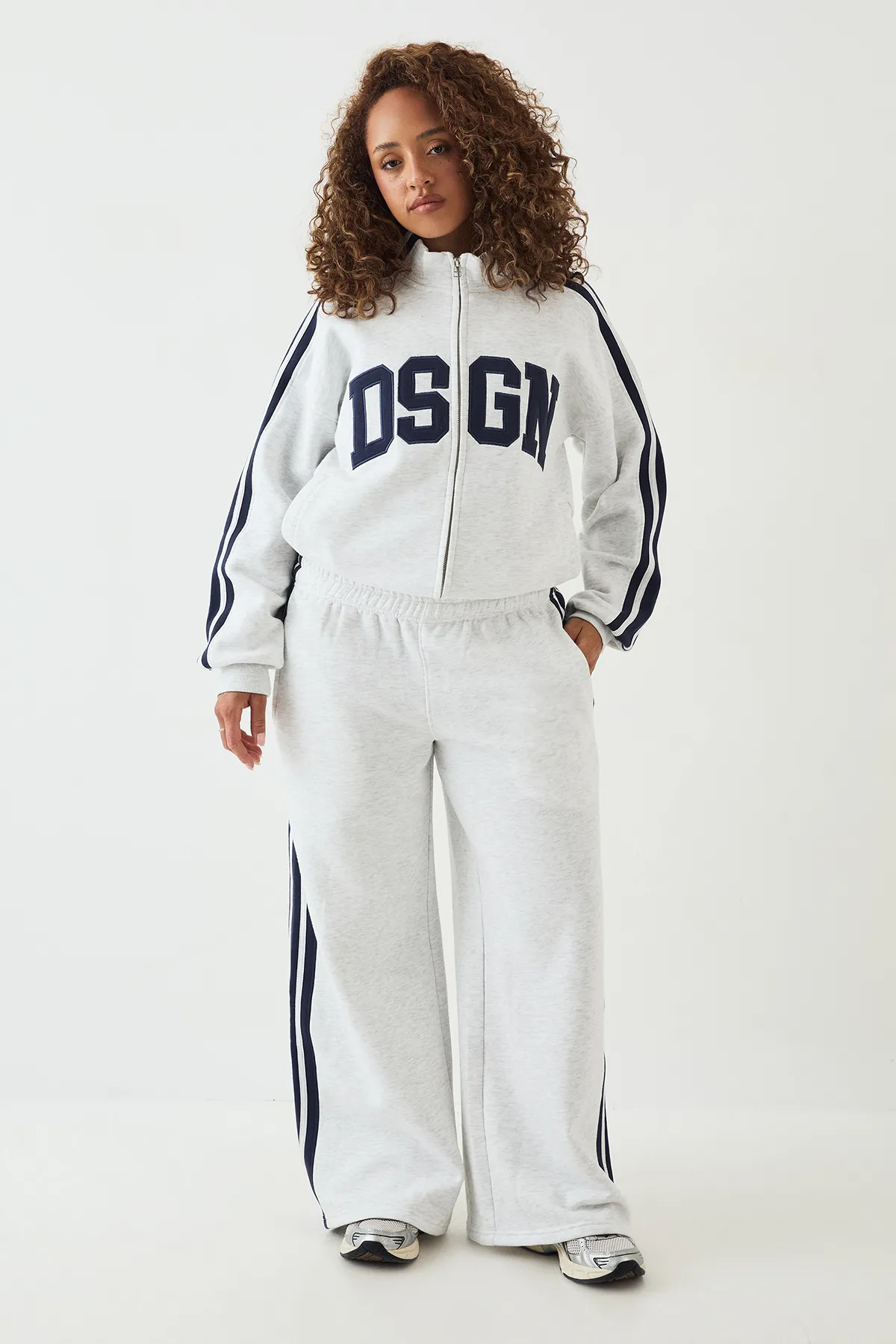Ash Grey DSGN Studio DSGN Side Stripe Funnel Neck Zip Through Bomber Tracksuit | Boohoo | Boohoo.com (UK & IE)
