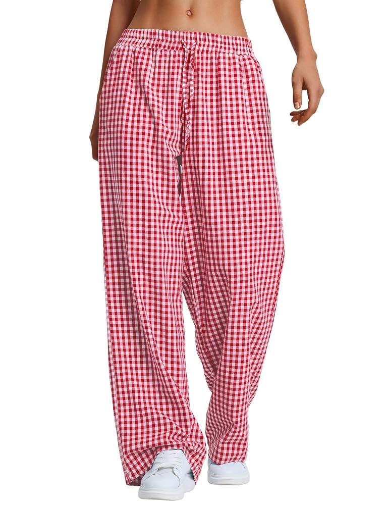 LOMON Striped Gingham Pants Women 2025 Fall Pajamas Cute Wide Leg Pj Lounge Boxer Bottoms Drawstr... | Amazon (US)