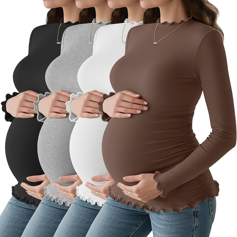 4 Pack Women's Maternity Shirts, Long Sleeve Side Ruched Pregnant Top Lettuce Trim Mock Turtlenec... | Amazon (US)
