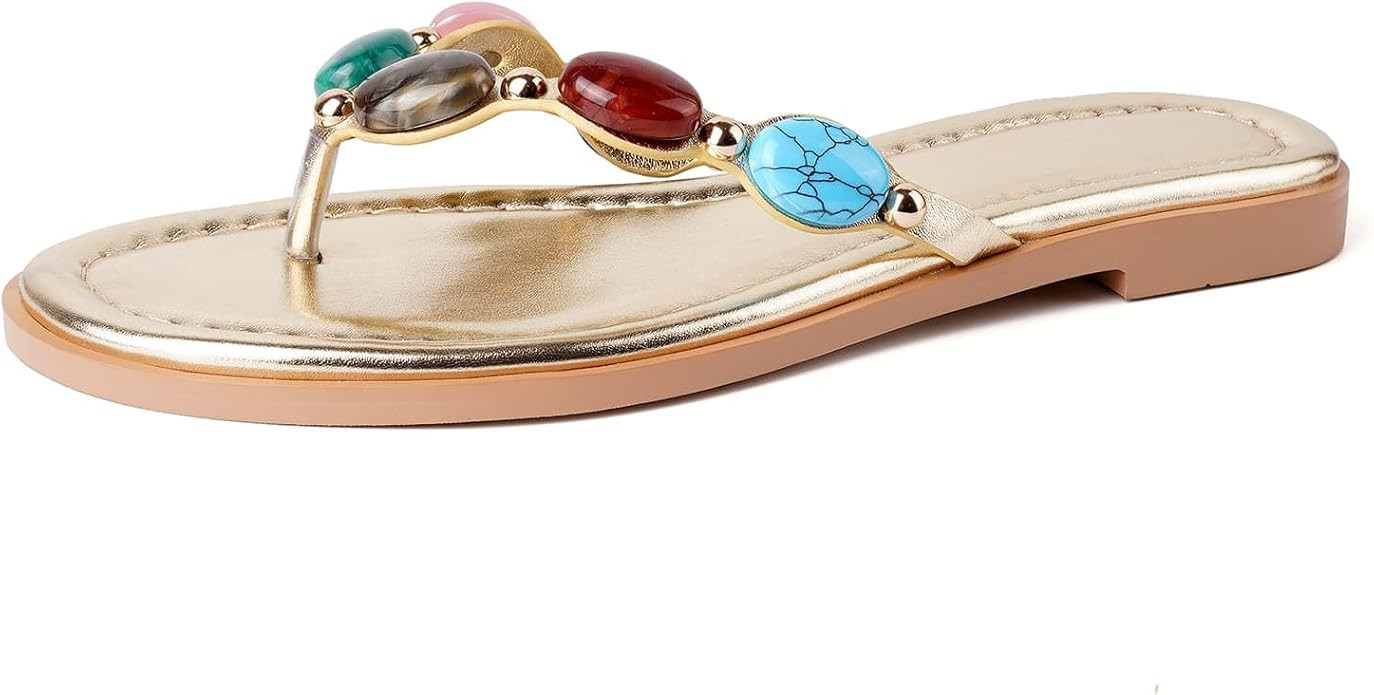 Jeweled Thong Flip Flops for Women Open Round Toe Flat Sandals Summer Beach Casual Slippers | Amazon (US)