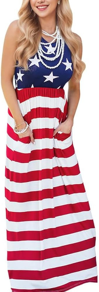 For G and PL Womens 4th of July American Flag Sleeveless Maxi Dress with Pocket | Amazon (US)