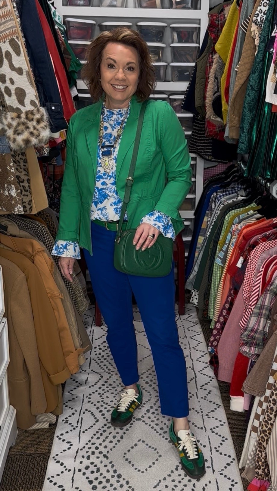 Some days I want to feel polished…
but I also want to feel like myself.

This is that outfit 💚

A structured green blazer gives instant polish, but pairing it with ankle-length trousers and fashion sneakers keeps it real-life wearable. No stiff, uncomfortable pieces. No “dressed up but can’t move” energy.

The floral blouse pulls the blue and green together so the color combo feels intentional instead of loud — and matching the belt to the bag is my favorite little styling trick for making an outfit look finished.

This is one of those formulas I go back to again and again:
• Tailored layer
• Easy printed top
• Cropped trouser
• Coordinated accessories
• Comfortable sneakers

Chic. Comfortable. Confident.
And yes — completely wearable over 40.

Everything is linked in LTK 🤍

⸻

	•	over 40 style inspiration
	•	colorful business casual outfit
	•	green blazer women
	•	cobalt blue trousers outfit
	•	floral blouse outfit ideas
	•	sneakers with work pants
	•	polished casual outfit
	•	modern classic style
	•	comfortable chic outfit
	•	spring workwear for women


#LTKMidsize #LTKootd #LTKOver40