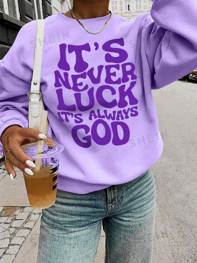 SHEIN LUNE Women's Simple Everyday Printed Crew Neck Long Sleeve Sweatshirt | SHEIN