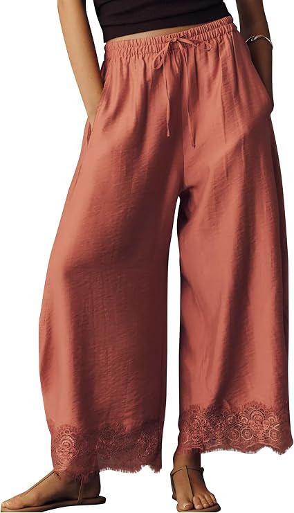Lace Hem Wide Leg Pants for Women Summer Casual Lightweight Flowy Palazzo Pant Beach Vacation Out... | Amazon (US)