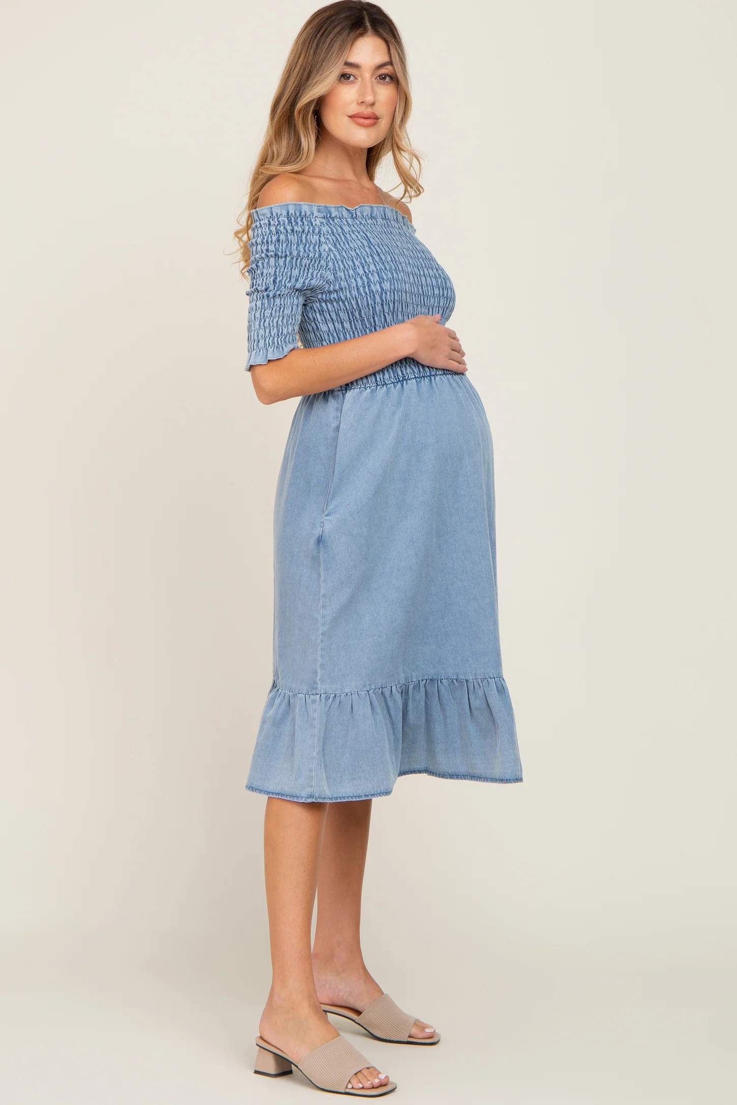 Light Blue Smocked Off Shoulder Maternity Dress | PinkBlush Maternity