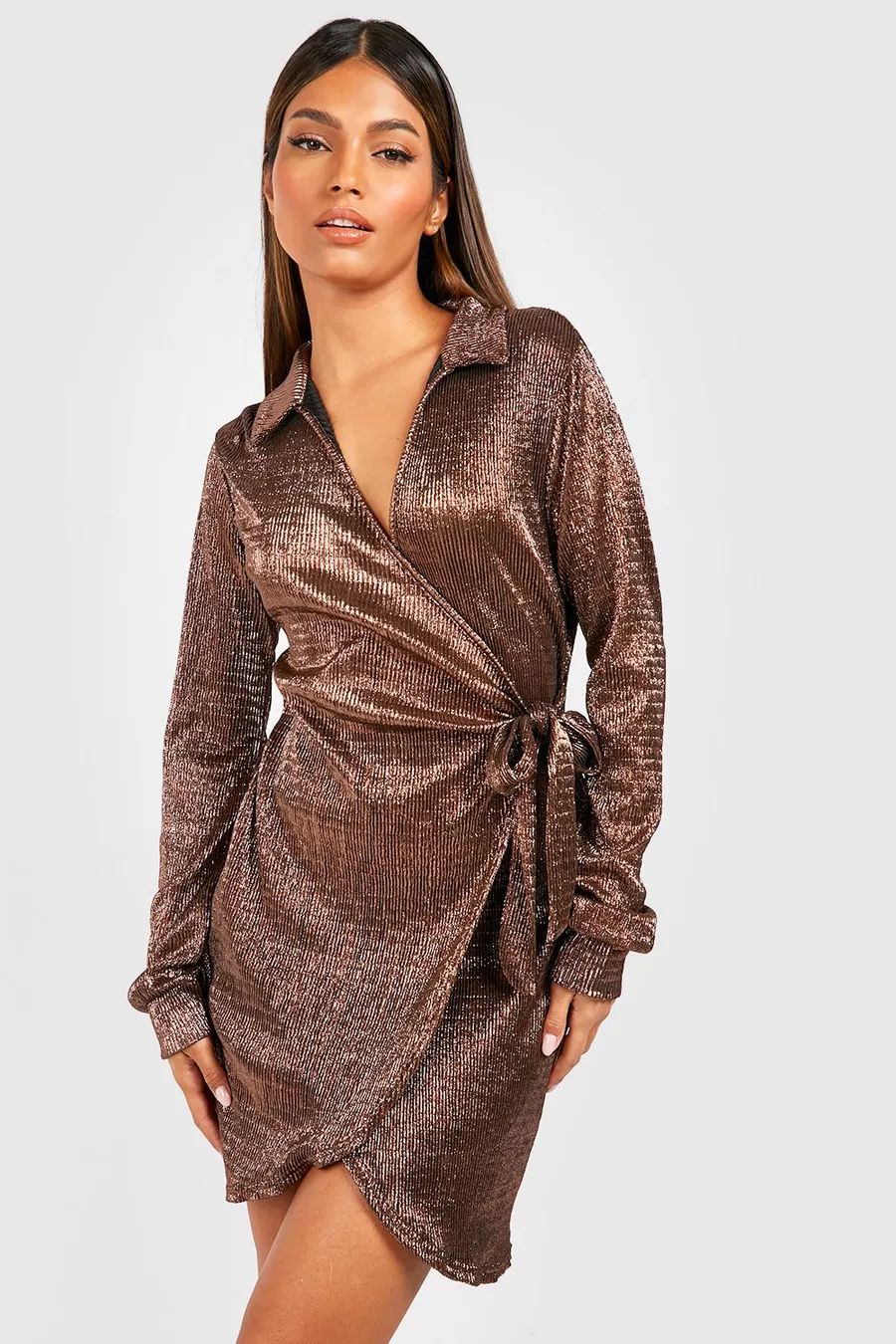 Metallic Plisse Wrap Mini Party Dress | Boohoo.com (US & CA)