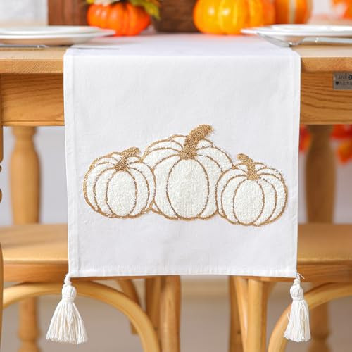 Breling Thanksgiving Fall Pumpkin Table Runner Thanksgiving Pumpkin Rectangle Table Runner Fall Autumn Harvest Decoration for Kitchen Dining Home Dinner Party 13x72 Inch(White) | Amazon (US)