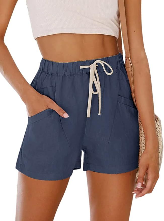 NIMIN Women's Teen Girls Cotton Comfy Drawstring Casual Elastic Waist Summer Beach Shorts with Po... | Amazon (US)