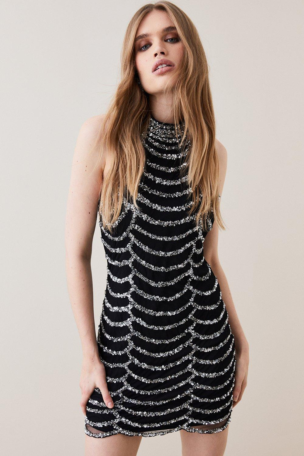 Draped Beaded High Neck Mini Dress | Karen Millen UK + IE + DE + NL