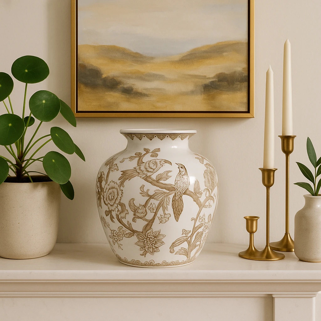 Decorative Ceramic Chinoiserie Flower Vase - White & Brown, 10" | Overstock