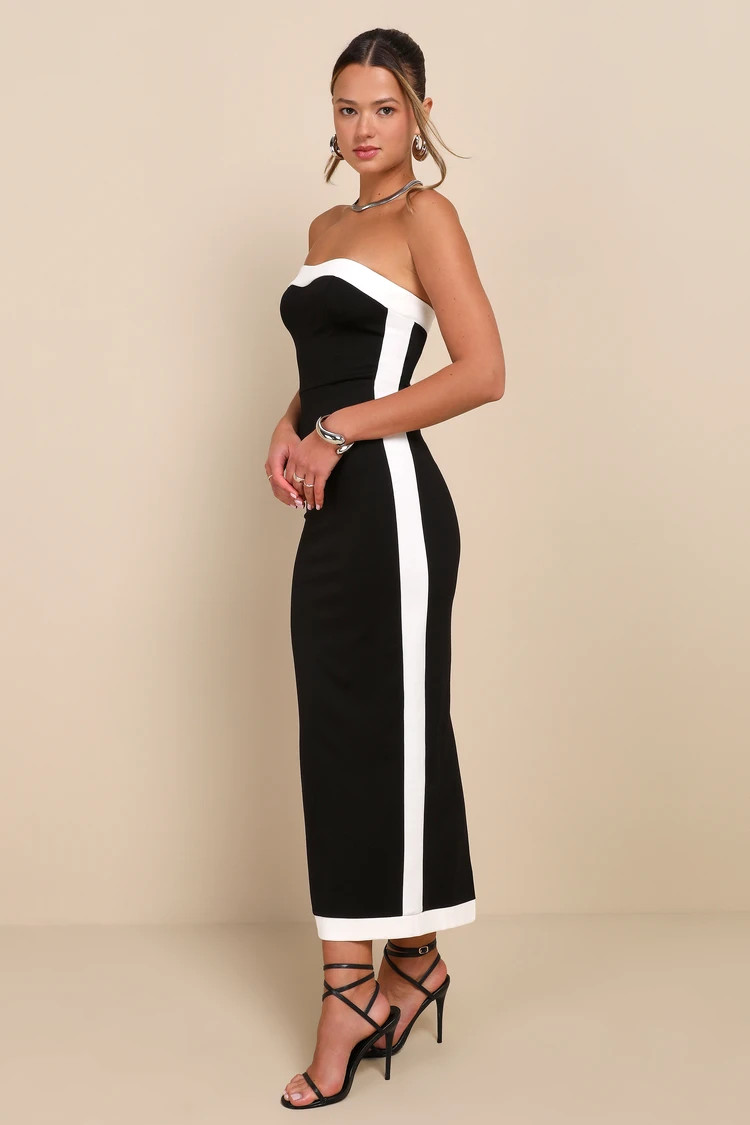 Impressive Edge Black Color Block Strapless Midi Dress | Lulus