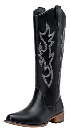 Jeossy Women's Western Cowboy Boots Embroided Wide Calf Knee High Cowgirl Boots Round Toe Tall Bo... | Amazon (US)