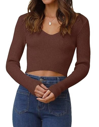 Ezbelle Women's Sweaters Chunky V Neck Tops Long Sleeve Crop Shirt Sexy Clothes Elegant Work Sweaters Fall Trendy Outfits Brown L | Amazon (US)