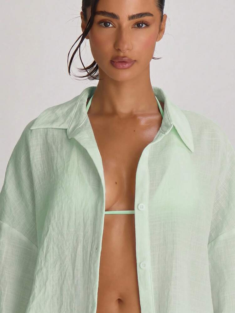 Musera Resort Oversized Linen Shirt Cover Up Swim Vacation Holiday Summer Travel Beachwear Basics... | SHEIN