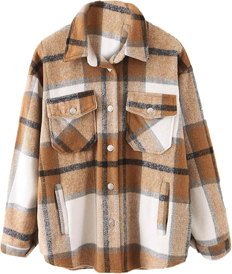 Verdusa Women's Button Down Long Sleeve Pocketed Plaid Jacket Coat | Amazon (US)
