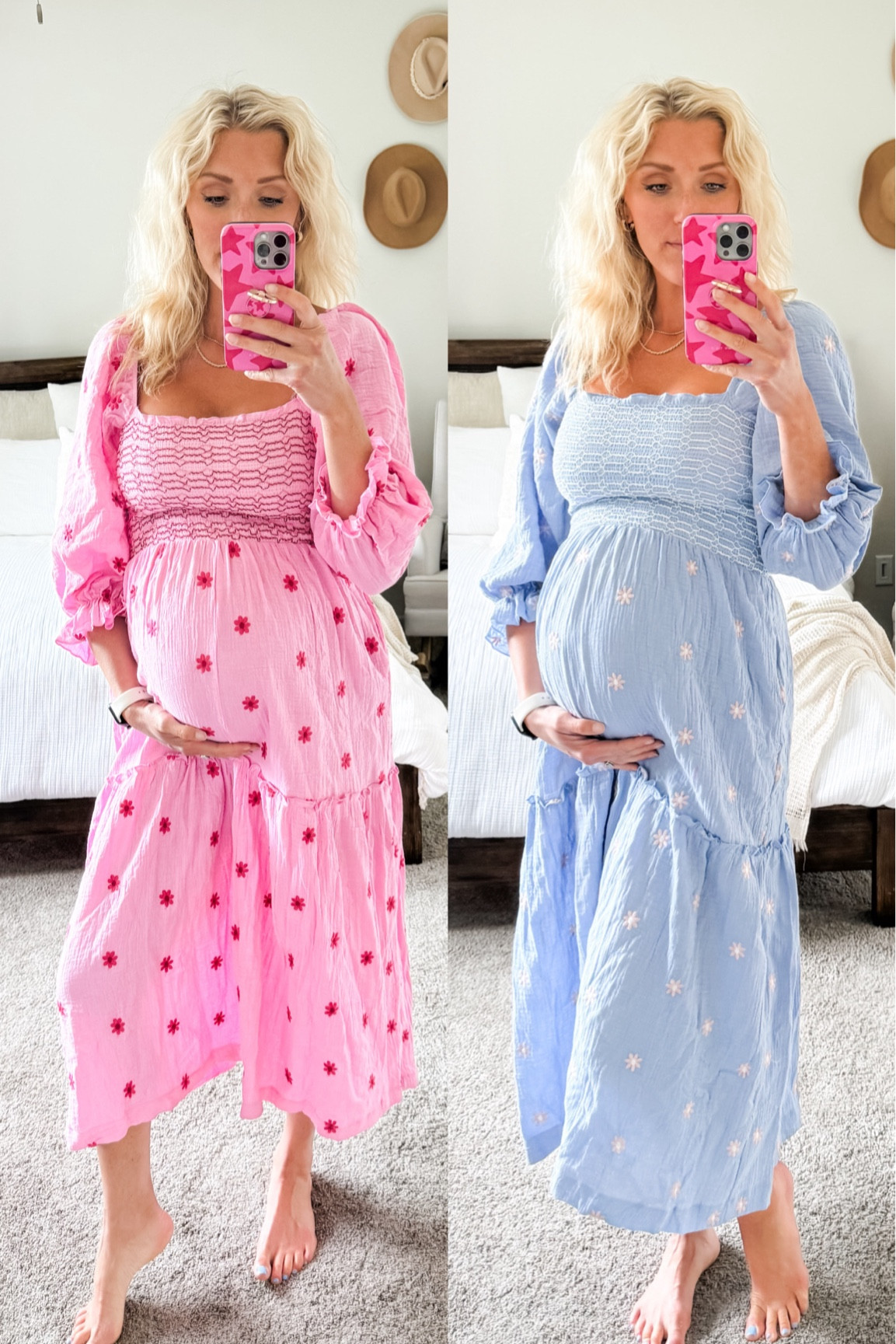 Summer Dress that’s such a great Free People dupe! This specific dress comes in so many beautiful colors but I had to try the blue and the pink in honor of our surprise little bundle coming in just a week! I am a earing a size small in both colors. With this being 1/3 of the price of the Free People version, you might as well treat yourself to more than one color! This would make such a beautiful baby shower dress, family photo dress,  or really any special occasion dress, with or without a bump! 