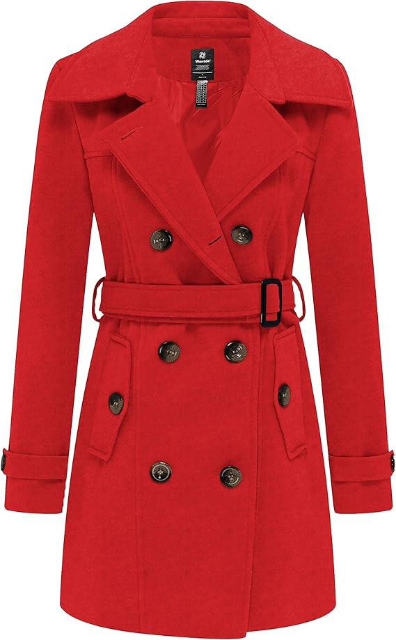 wantdo Women's Double Breasted Pea Coat Winter Mid-Long Trench Coat with Belt | Amazon (US)