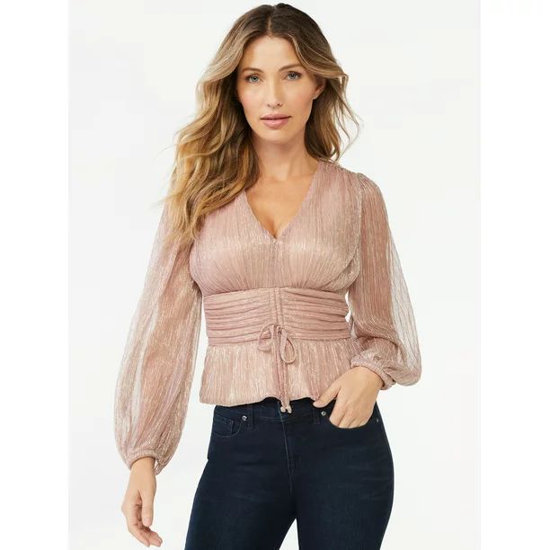 Sofia Jeans by Sofia Vergara Women's Shimmer Peplum Top with Long Sleeves | Walmart (US)