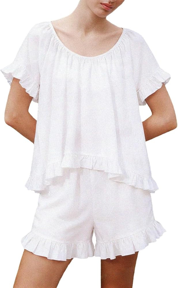 Womens 2 Piece Short Set Fashion Summer Short Sleeve Ruffle Trim Top and Shorts Cotton Pajama Set... | Amazon (US)