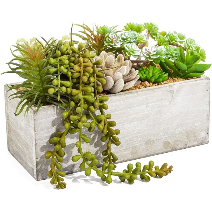 Juvale Artificial Mixed Succulent Faux Fake Cactus Plants in Rectangular Wooden Planter Box 9 x 4... | Target