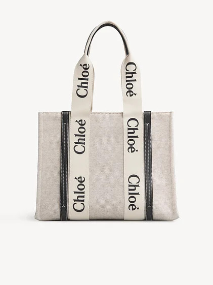 Medium Woody tote bag
        

        Medium Woody tote bag in cotton canvas & shiny calfskin w... | Chloe UK